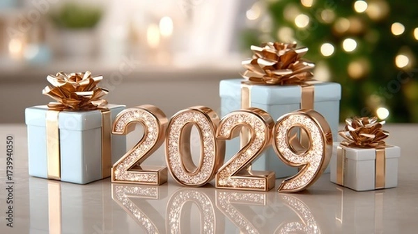 Fototapeta Festive 2029: A celebratory scene unfolds with elegant gifts and shimmering numerals on a blurred backdrop, evoking joy and the anticipation of the future.