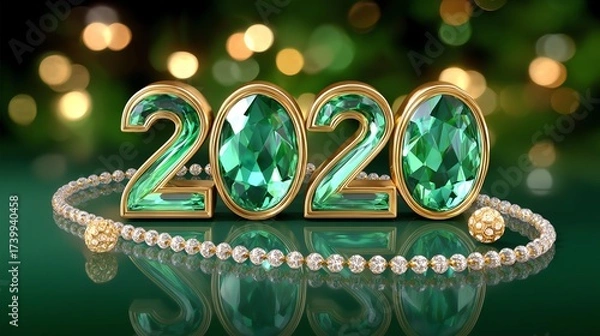 Fototapeta New Year 2020 Embellishments: A sparkling visual of the numbers 2020 crafted from emerald gemstones, resting on a reflective surface with elegant pearl embellishments.