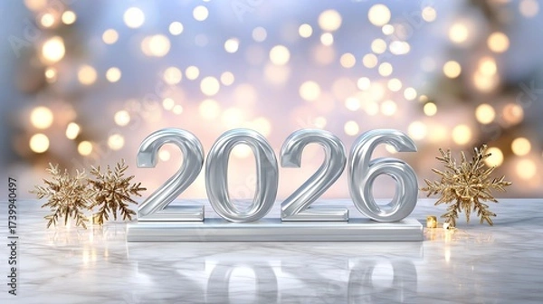 Fototapeta New Year 2026: A festive depiction of the New Year 2026, with silver numbers against a bokeh of festive lights and golden decorations, signaling hope and fresh beginnings.