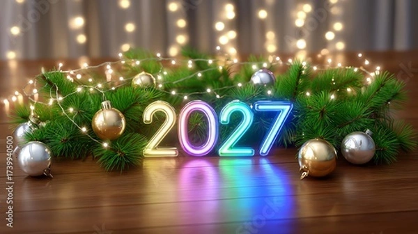 Fototapeta Year 2027 Festive Decoration: A vibrant depiction of the year 2027, illuminated by a rainbow gradient, adorned with festive ornaments, and set against a backdrop of twinkling fairy lights.