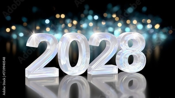 Fototapeta 2028 Celebration: Sparkling, icy digits of the new year, '2028', shimmer against a blurred background of festive lights, creating a sense of anticipation for the future. 