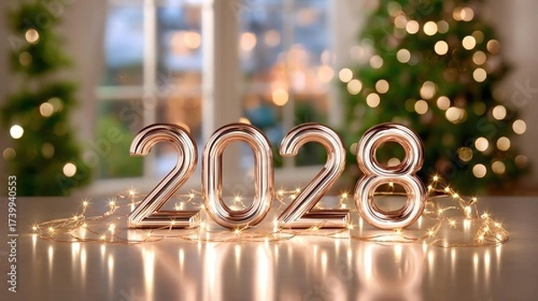 Fototapeta Enchanting New Year 2028: The year 2028 sparkles with joy, surrounded by festive lights, and a blurred, glowing Christmas tree background.