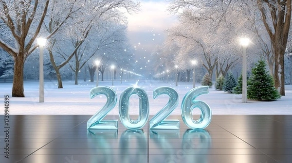 Fototapeta Frosty Outlook of 2026: A winter wonderland scene reveals a futuristic year with 2026 gracefully crafted in icy typography.