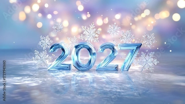 Fototapeta Winter Wonderland 2027: Ice-sculpted numerals of '2027' glisten amid a scene of frost-kissed beauty, enhanced by delicate snowflakes and a blurred bokeh backdrop, offering a sense of the future.