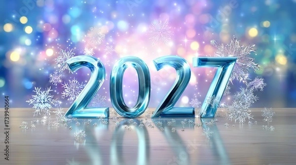 Fototapeta Sparkling New Year: A glistening display of '2027', set against a backdrop of shimmering lights and delicate snowflakes, evoking the spirit of anticipation and celebration.
