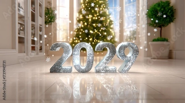 Fototapeta New Year's Greeting 2029: A luminous 2029 stands in the foreground of a festive indoor scene with a glittering Christmas tree. Snowflakes gently dance.