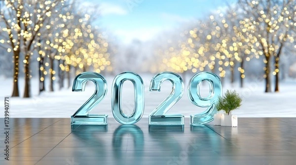 Fototapeta New Year 2029: The image celebrates a new year with a touch of freshness and hope, with the numbers 2029 gleaming against the backdrop of the winter landscape.