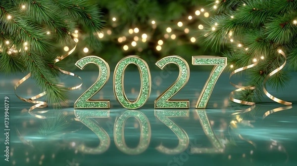 Fototapeta 2027 New Year Celebration: A festive and shimmering display with the golden numeral 2027, beautifully decorated, celebrating the promise of a new year.