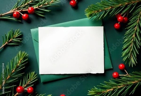 Fototapeta A festive still life presents a blank, textured card atop a green envelope, artfully arranged amidst sprigs of evergreen and red berries, christmas background
