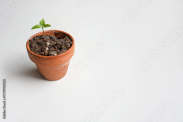 Fototapeta Small green seedling growing in a terracotta pot with soil on a white background. This image symbolizes growth, sustainability, nature, and new beginnings.