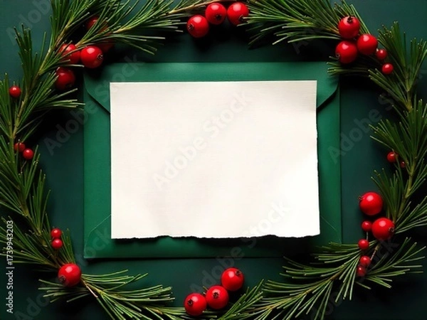 Fototapeta A festive still life presents a blank, textured card atop a green envelope, artfully arranged amidst sprigs of evergreen and red berries, christmas background
