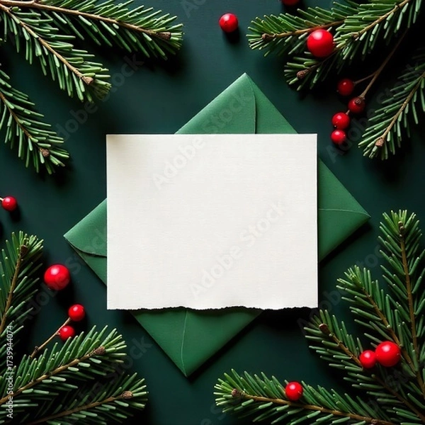 Fototapeta A festive still life presents a blank, textured card atop a green envelope, artfully arranged amidst sprigs of evergreen and red berries, christmas background