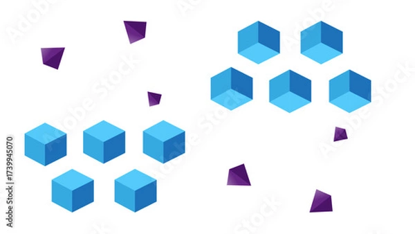 Obraz Isometric blue cubes with floating purple polygons for abstract digital and technology background