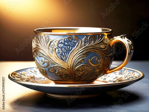 Fototapeta Luxurious Navy and Gold Teacup with Highly Detailed Baroque Vine and Fruit Engravings, Under a Warm Spotlight on a Dark Surface.