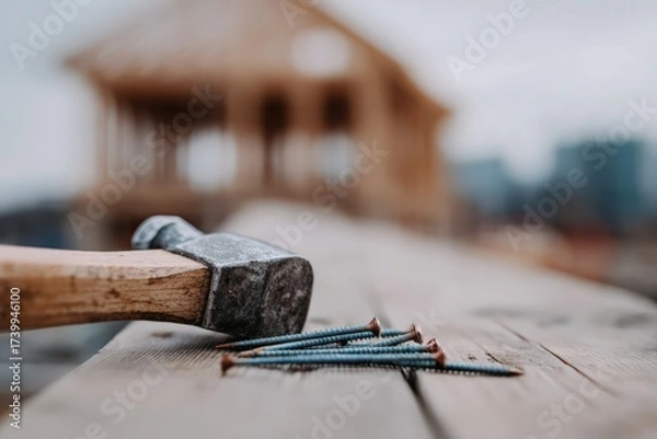 Fototapeta Close up view of a construction hammer and nails on wooden surface Generative AI