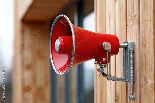 Fototapeta Close up of a red fire alarm siren mounted on a wooden wall Generative AI