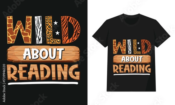 Fototapeta Wild About Reading – Safari Animal Print Typography with Rustic Wooden Sign | Jungle Theme Classroom Graphic