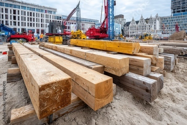 Fototapeta Construction site with wooden beams in urban development area Generative AI