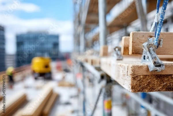 Fototapeta Construction site featuring wooden beams and workers in action Generative AI