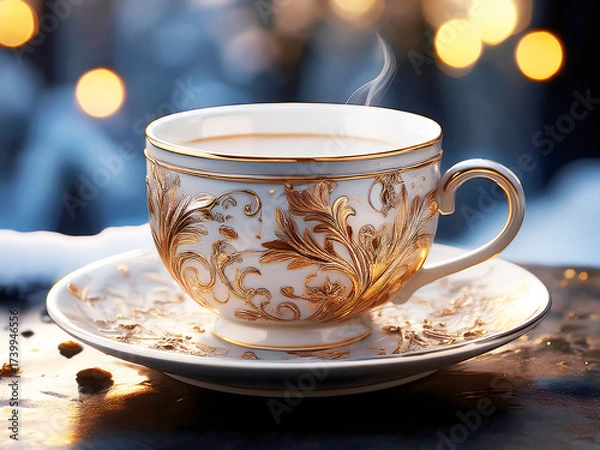 Obraz Elegant gold and white ornate teacup with steaming beverage, glowing in a festive, cozy winter setting with bokeh lights.