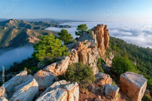 Fototapeta Foggy mountain peak at sunrise with rocky cliffs and lush greenery Generative AI