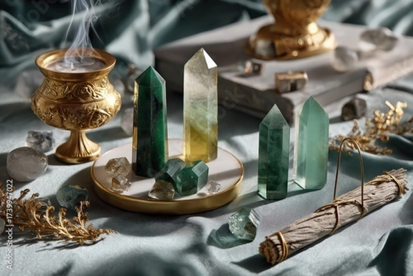 Fototapeta Mindfulness meditation altar with crystals and incense on a soft fabric Generative AI