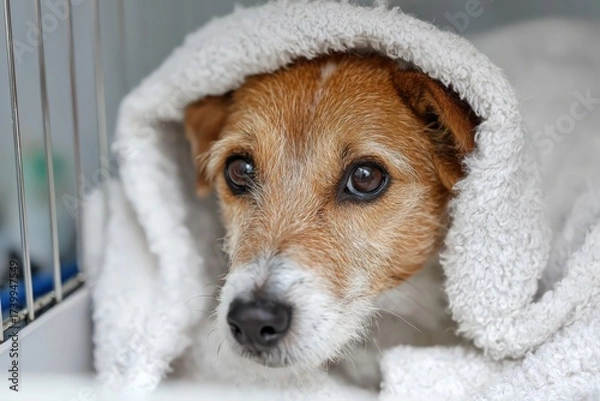 Fototapeta Rescued dog finds comfort in warm blanket and cozy resting spot Generative AI