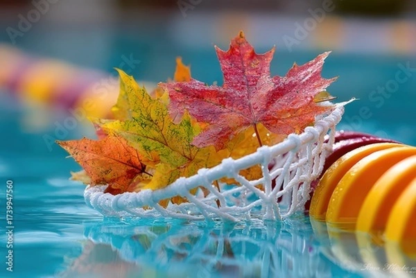 Fototapeta Skimmer net collecting colorful leaves from the pool surface Generative AI
