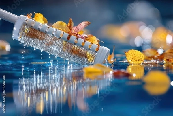Fototapeta Skimmer net cleaning leaves from pool surface during autumn season Generative AI