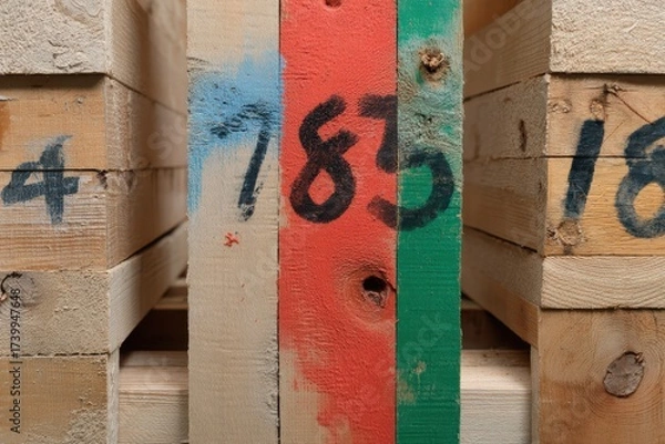 Fototapeta Wooden planks with number markings stored at a construction site Generative AI