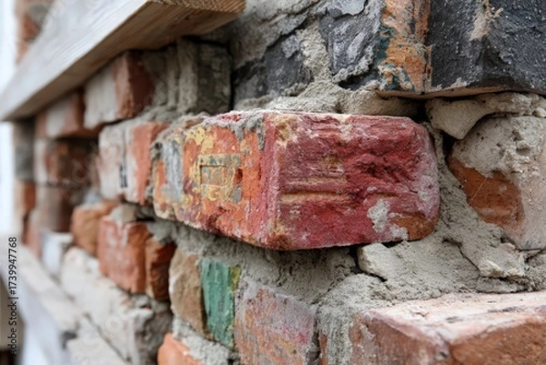 Fototapeta Exposed brick wall with rustic textures in an urban setting, powered by AI