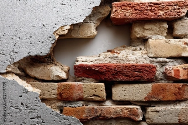 Fototapeta Exposed bricks reveal aged structure in urban wall setting Generative AI