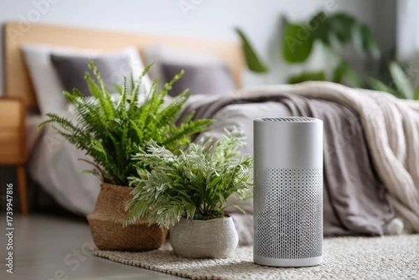 Fototapeta Bright clean bedroom featuring a running air purifier and plants Generative AI