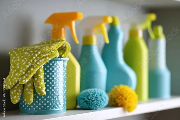 Fototapeta Clean and safe allergy friendly cleaning products displayed on shelf Generative AI