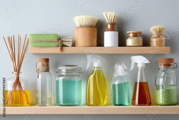 Fototapeta Various allergy friendly cleaning products are neatly arranged on a wooden shelf