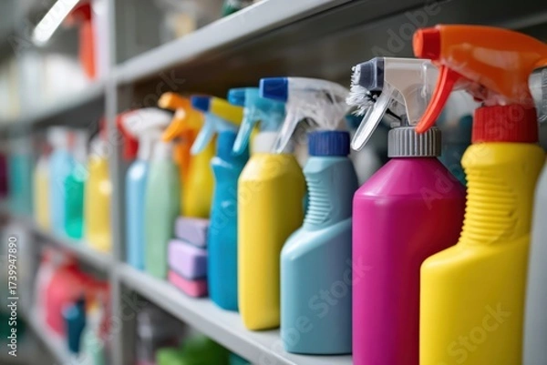 Fototapeta Allergy friendly cleaning products arranged neatly on shelf Generative AI