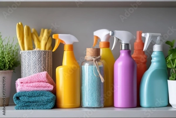 Fototapeta Colorful allergy friendly cleaning products displayed on a shelf Generative AI