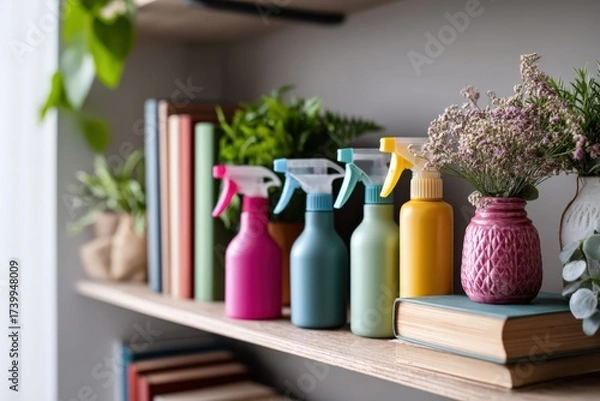 Fototapeta Colorful anti mold cleaning products arranged on a cluttered shelf Generative AI