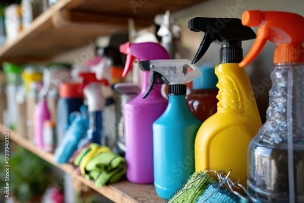 Fototapeta Cleaning products for mold removal on cluttered shelf in storage area Generative AI