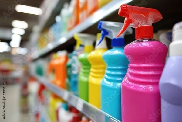 Fototapeta Colorful assortment of anti mold cleaning products on a store shelf Generative AI