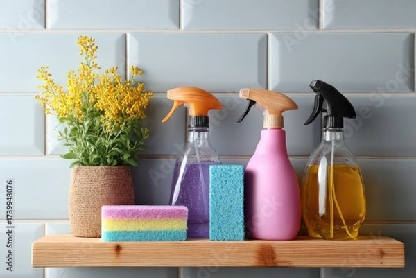 Fototapeta Cleaning products for mold prevention displayed on a shelf Generative AI