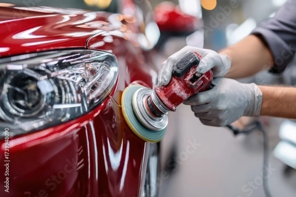 Fototapeta Applying ceramic coating for paint protection on a red car Generative AI