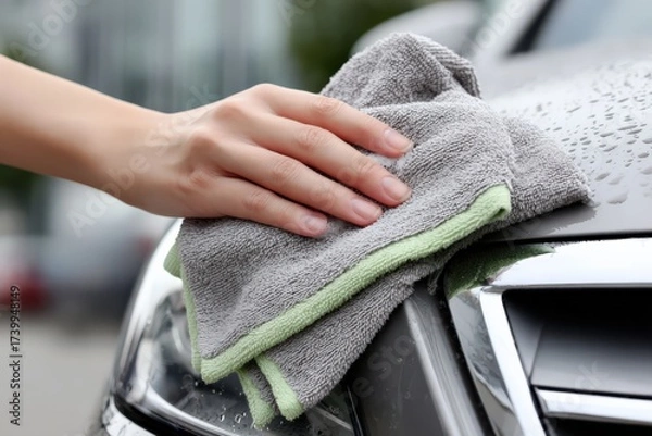 Fototapeta Applying waterless car wash solution on a vehicle hood by hand Generative AI