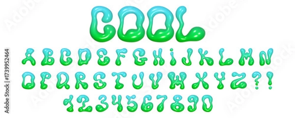 Fototapeta Unique 3D wavy font design featuring liquid letters and numbers with a glossy texture perfect for modern creative projects.