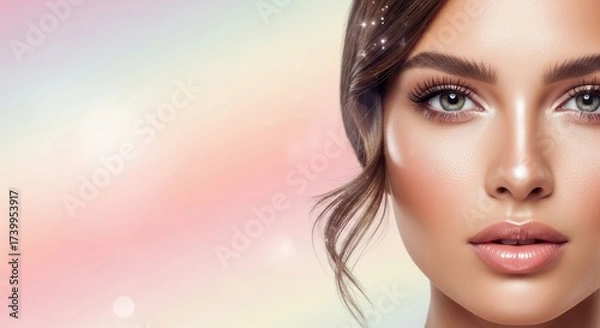 Fototapeta A woman with brown hair and blue eyes, wearing a white top, standing in front of a colorful background with a rainbow effect.