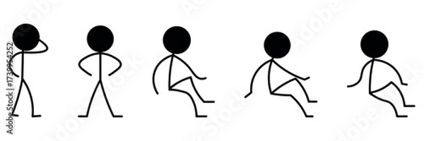 Obraz Stickman silhouette vector set showing simple human poses including standing, thinking, hands on hips, walking, sitting, and relaxing positions.