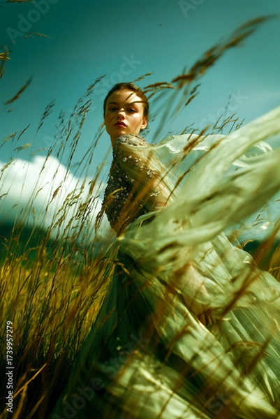 Obraz A woman is standing in a field of tall grass, wearing a green dress