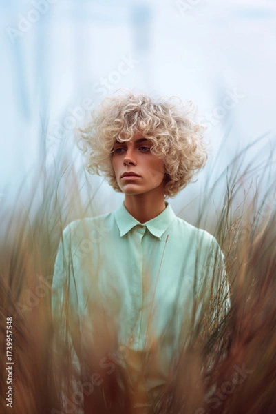 Obraz A woman with blonde hair stands in a field of tall grass