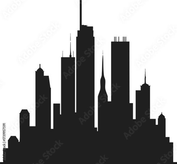 Fototapeta Black silhouette of city skyline with communication tower and buildings white background.




