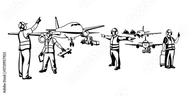 Obraz Minimalist line art sketch of a aircraft handler black silhouette style vector art design